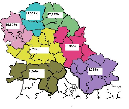 3. térkép A Vajdaság etnikai térképe, a magyarok részaránya a népességben Jelmagyarázat: vajdaság, kerületek Nyugat-Bácska, Észak-Bácska, - magrégió Észak-Bánság - magrégió Közép-Bánság Dél-Bácska