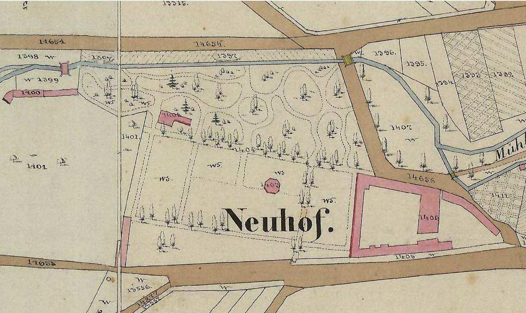 A soproni Erzsébet-kert története A II. katonai felmérésre jellemzően az I.-nél sokkal részletesebb és pontosabb felvétel történt, így a Neuhofról is.