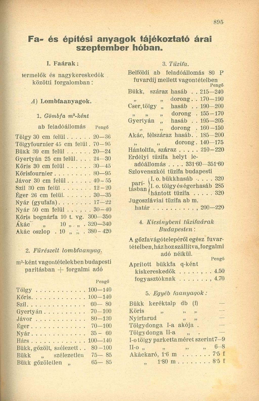 Fa- és építési anyagok tájékoztató árai szeptember hóban. I. Faárak: termelők és nagykereskedők közötti forgalomban: A) Lombfaanyagok. 1.