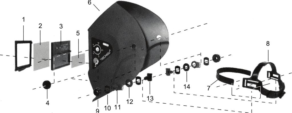 ROBBANTOTT ÁBRA 1. Befogó keret 8. Állítható hevederek 2. Külső védőüveg 9. 2 anya 3. Automatikusan sötétedő szűrőüveg 10. 4 csavar 4. Működtető gomb 11. 2 alátét 5. Belső védőüveg (nem tartozék) 12.