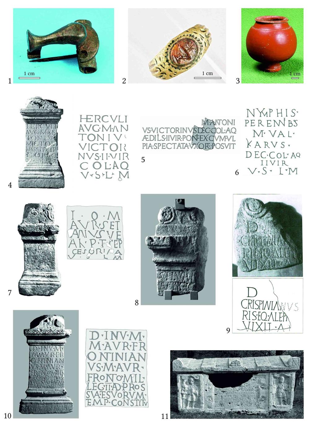 Fig. 6. Severus-kori lakosság.. Térdfibula (Páty). 2. Gemmával díszített bronzgyűrű (Budaörs). 3. Terra sigillata pohár a budaörsi temetőből. 4 5. M.