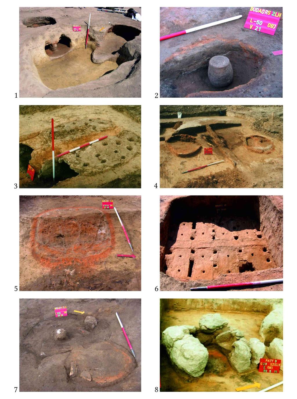 Fig. 23. Kemencék.. Késő kelta kemencék (Budaörs). 2.. századi gödörben égetés (Budaörs). 3 4. Pátyi kora római kemencék.