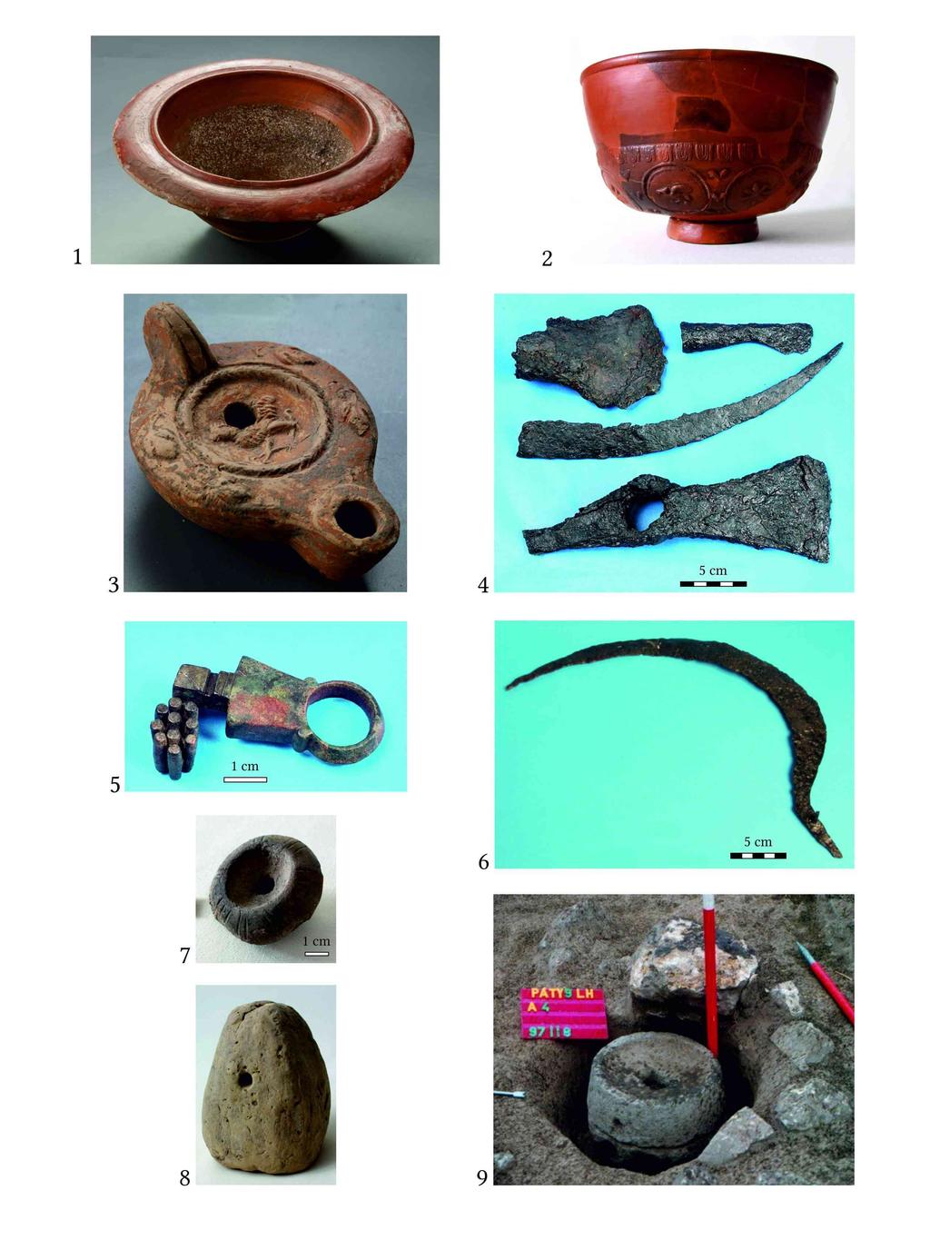 Fig. 24. Romanizáció, gazdasági élet.. Festett dörzstál (Páty). 2. Terra sigillata tál (Páty). 3. Állatalakos mécses (Budaörs). 4, 6.