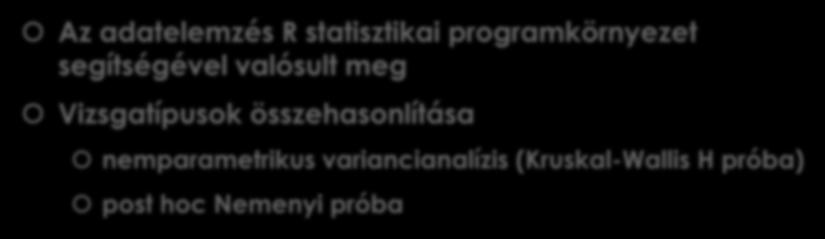 Kutatási módszerek: Adatelemzés Az adatelemzés R statisztikai programkörnyezet segítségével valósult meg