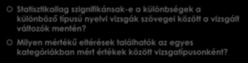 Kutatási kérdés Statisztikailag szignifikánsak-e a különbségek a különböző típusú nyelvi vizsgák szövegei között a