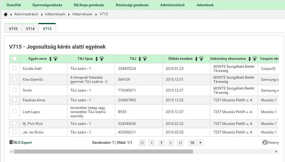 12.4.1.5.2 Funkciók - Jogosultságkérés adása: A kijelölt egyének láthatósági jogának megadása. 12.4.1.6 Jogosultság kérés alatti egyének fül (V715) A kiválasztott csoport olyan egyéneinek a listája, akikre láthatósági jogot kért az intézményt ellátó védőnő, mert területileg nem hozzá tartoznak.