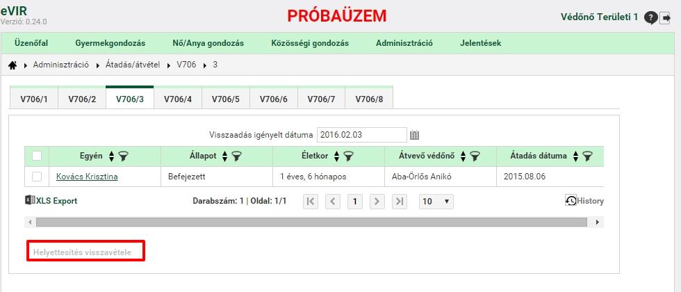 12.5.4.2 Funkciók - Helyettesítésből visszavétel: A helyettesítésre átadott egyének helyettesítésből történő visszavételének igényét indítja el. 12.5.5 Átadás alatti egyének fül (V706/4) Területi