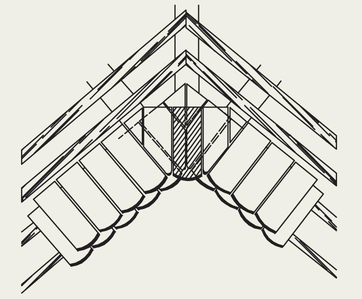 Két cserép széles, bekötött német hajlat fedésképe Azonos tetôlejtéseknél soronként A Hódfarkú betoncserepekre vonatkozó általános alkalmazási szabályok szerint: a cseréppel fedett hajlatok legkisebb