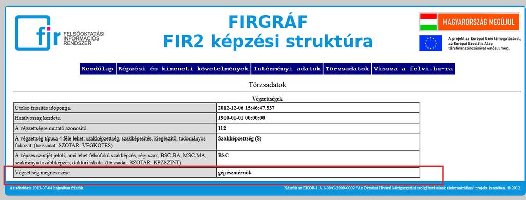 A felület felső részén látható, hogy a hallgató képzése milyen képzési elemmel vagy elemekkel került megfeleltetésre, melyik képzési elem kerül a feladáskor a hallgatóról feladott xml-be.