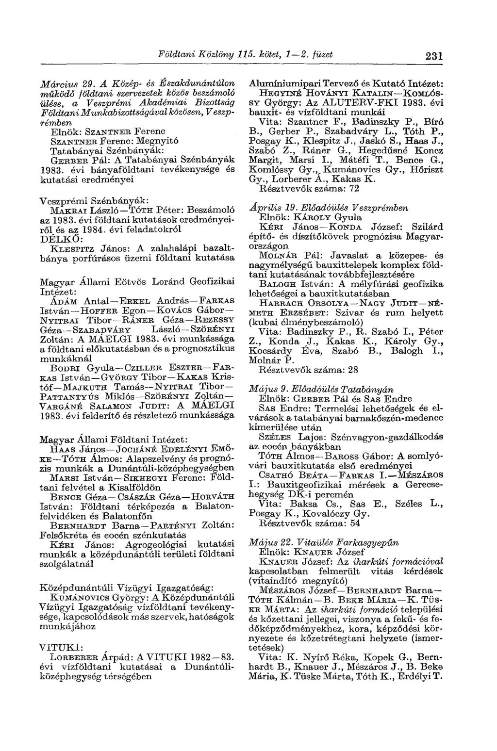 Földtani Közlöny 115. kötet, 1 2. füzet 231 Március 29.