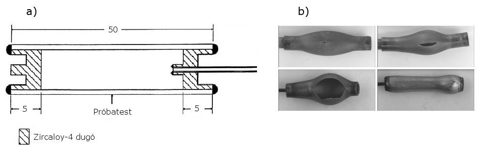 2. ábra: Csőfelszakítási kísérlet vázlata (a) [1],és a felfúvódott csövek jellegzetes alakja (b) [1] Az MTA KFKI Atomenergia Kutatóintézetben az 1990-es évek elejétől kezdve napjainkig az E110 anyagú