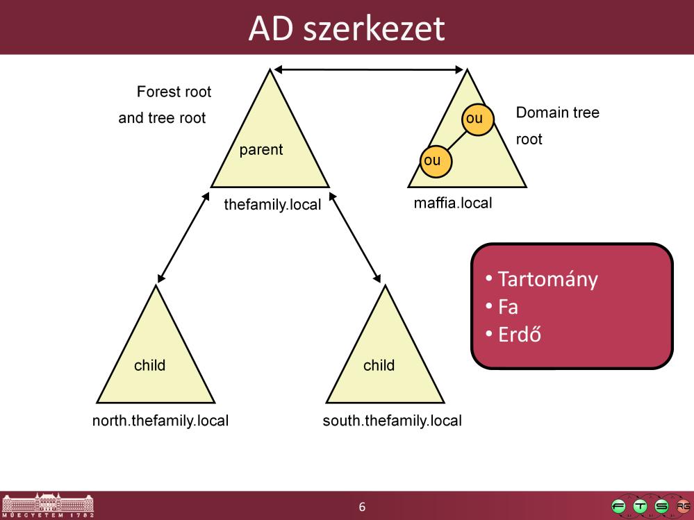 - Az Active Directory (AD) egysége a tartomány (domain), az ebben lévő elemeket kezeljük közösen. - A tartományoknak lehetnek gyerek tartományaik (child domain).