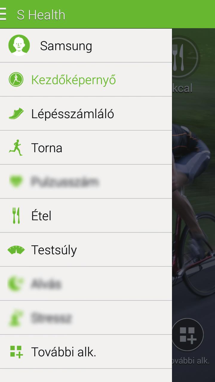 S Health Az S Health menük használata A különböző menük eléréséhez érintse meg a ikont. Saját profil Az S Health kezdőképernyőjének elérése. Használati menük kiválasztása.