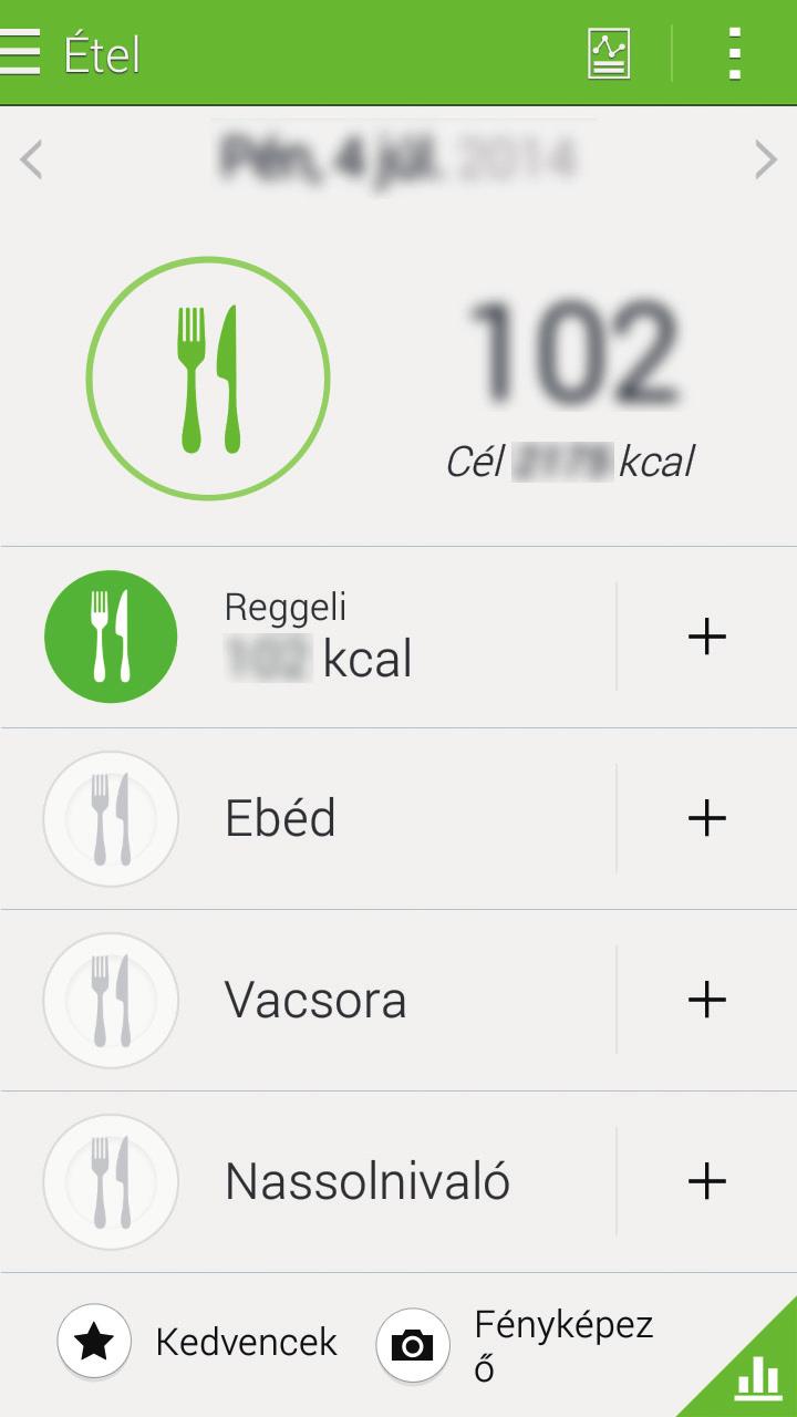 S Health Élelmiszer bevitel rögzítése Rögzítheti napi élelmiszerbevitelét és kezelheti kalóriafogyasztását. 1 Érintse meg az Étel lehetőséget. 2 Érintse meg az étkezés melletti ikont.