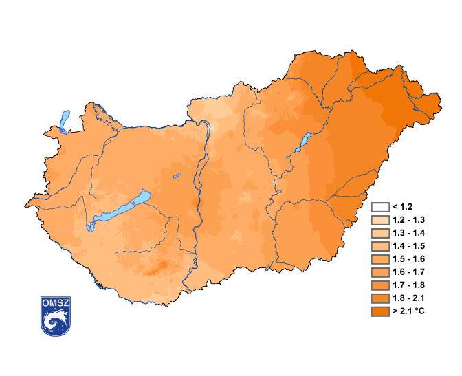 szélesebb Dunamenti régió és a Mecsek környéke pedig 2 C-ot meghaladó mértékű melegedést mutat nyáron (2. ábra, jobb panel). 1.