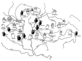 Nem tűzálló agyag korsós, tálas fazekasközpontok Nagyszámú lelőhely és fazekasközpont - jelenlegiek az őskori és középkori központok helyén és