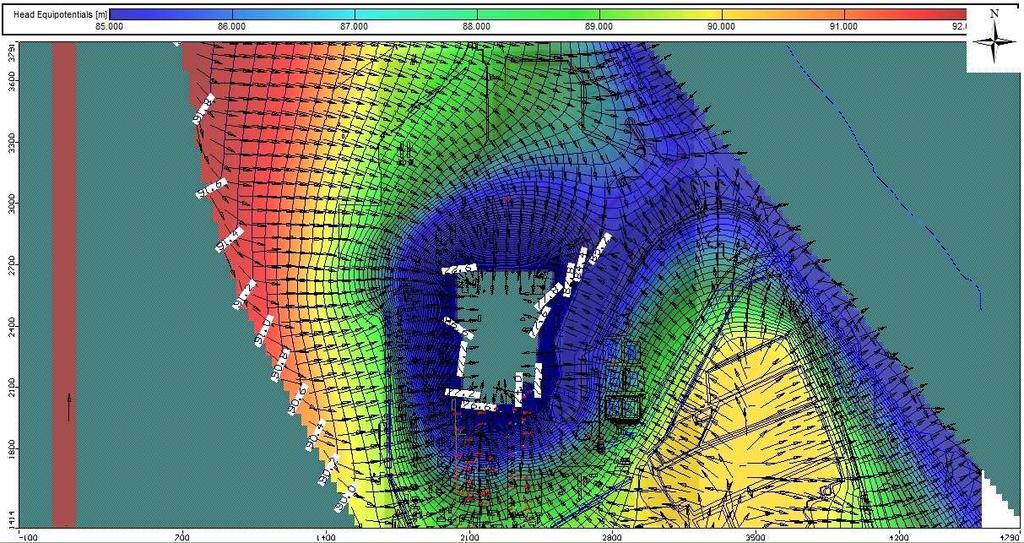 6.11-8. ábra: Talajvíztükör kontúrtérképe és a sebességtér alakulása alacsony (85,22 mbf) Duna vízállás esetén 2012.08.24-én.