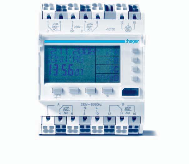 Idővezérlés Időprogramozott üzemeltetés a kényelemért és a gazdaságosságért A Hager digitális heti- és éves kapcsolóóráival vevőinek a legmodernebb időkapcsolási technikát kínálhatja.