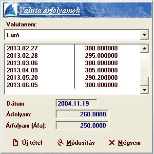 Valuta árfolyamok Feltölthető minden valutanemhez a különböző dátumoknak megfelelő valutaárfolyam