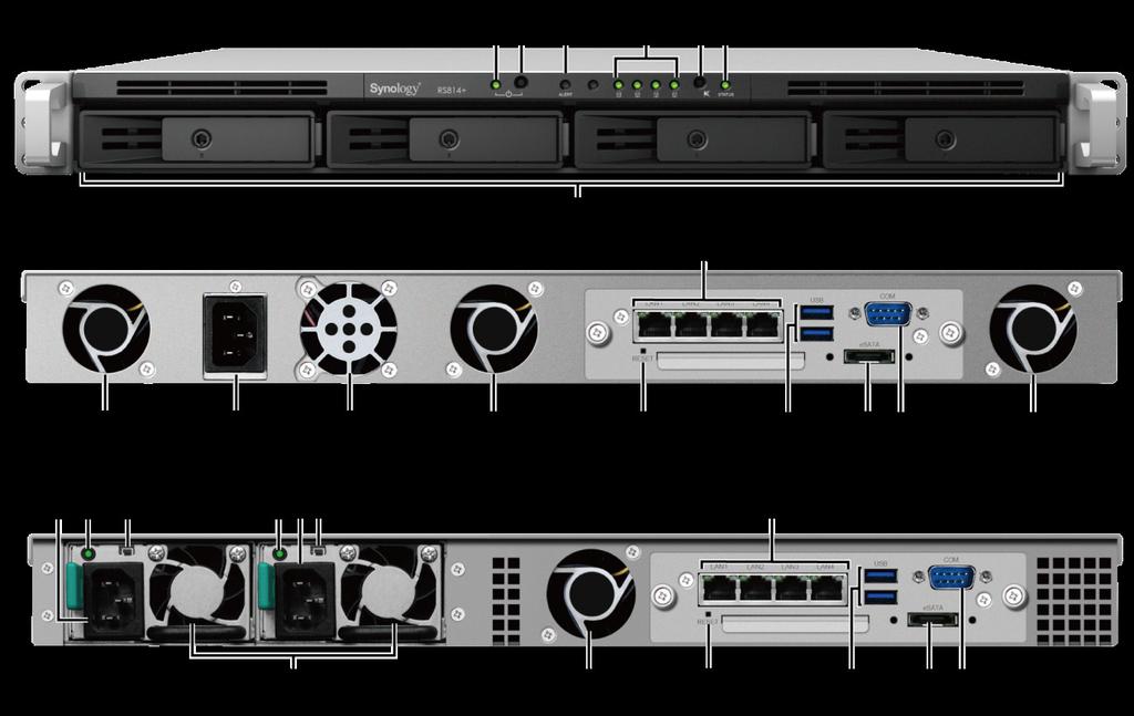 A Synology RackStation nagy vonalakban No. Cikk neve Hely Leírás 1) Tápfeszültség indikátor A RackStation tápfeszültség állapotát jeleníti meg.