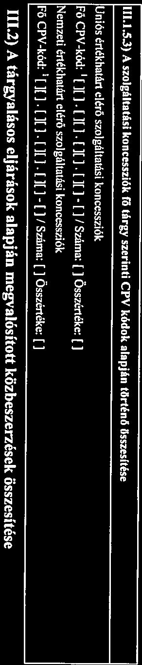 2) A tárgyalásos eljárások alapján megvalósított közbeszerzések összesítése P6CPV-kód: []I] []I1 IK) I)[] ii/száma: 1] Összértéke: [] Nemzeti értékhatán elérő szolgáltatási koncessziók F6CPV-kód: