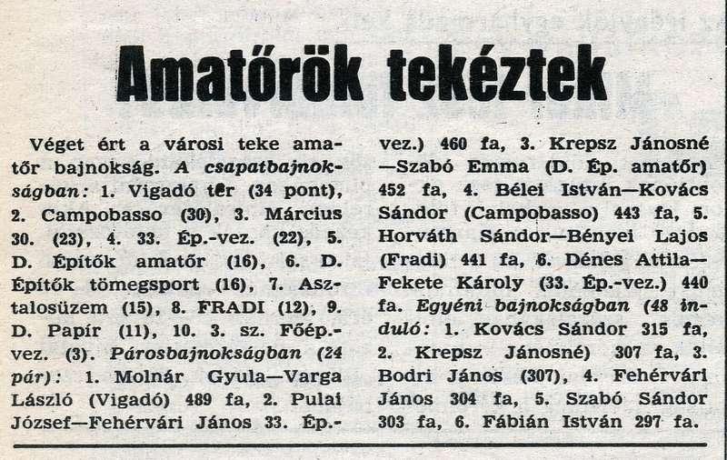 Sajtó hír: 13 / Dunaújvárosi Hírlap; 1992. szeptember 15./ 1993. (59 induló) 1994. (68 résztvevő) 1. Fehérvári János 328 fa Dénes Attila 337 fa 2. Pulai József 313 fa Fehérvári János 336 fa 3.