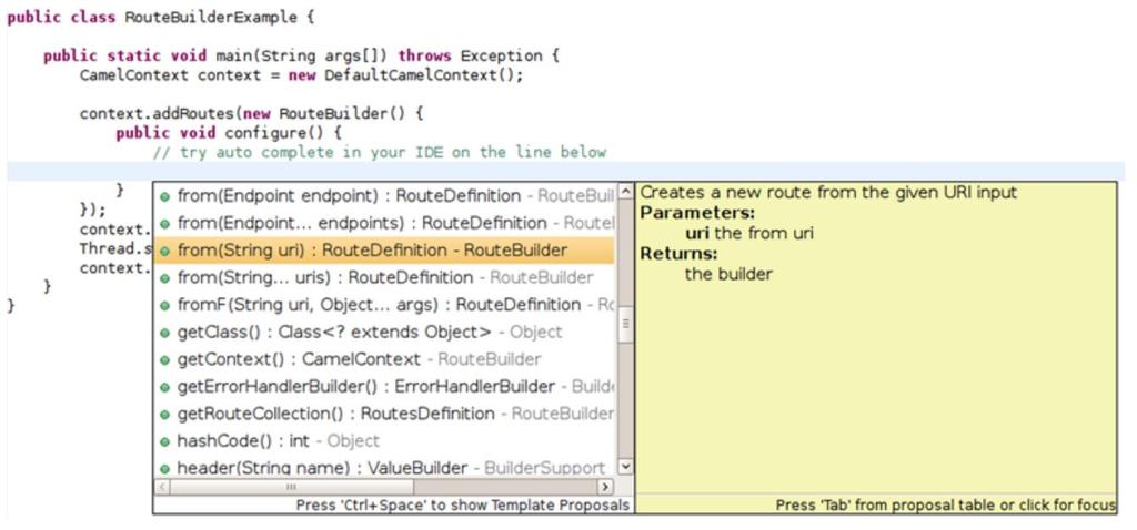 6. ábra: Használjuk az automatikus kódkiegészítést útvonalak írásához. Minden útvonal a from metódussal kezdődik. A from metódus egy végpont URI-t vár paraméterként.