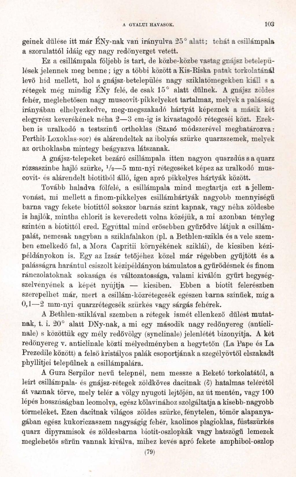 A GYALTJI HAVASOK. 103 geinek dűlése itt már ÉNy-nak van irányulva 25 alatt; tehát a esillámpala a szorulattól idáig egy nagy redőnyerget vetett.