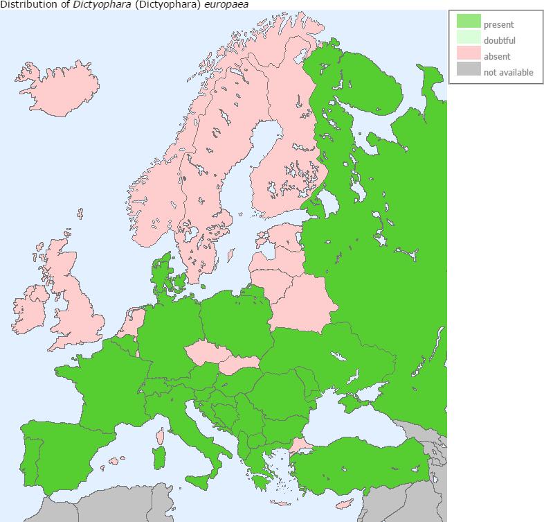 A soktápnövényű Dictyophara europaea európai elterjedése (forrás: Fauna Europaea (http://www.