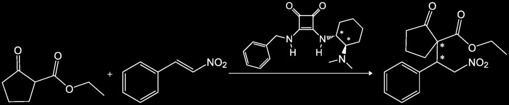 4.4. Etil-2-oxo-ciklopentán-karboxilát és transz-β-nitrosztirol reakciója Az acetil-aceton és nitrosztirol reakciójánál megismert négyzetsavamid alapú bifunkciós organokatalizátor további