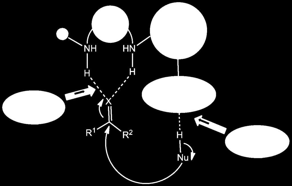 Vagyis a katalizátor szimultán módon aktiválja mindkét reagenst. A két aktiválási centrumot királis kapcsoló köti össze, ami enantioszelektív szintézis megvalósítását teszi lehetővé. [14] 2. ábra.