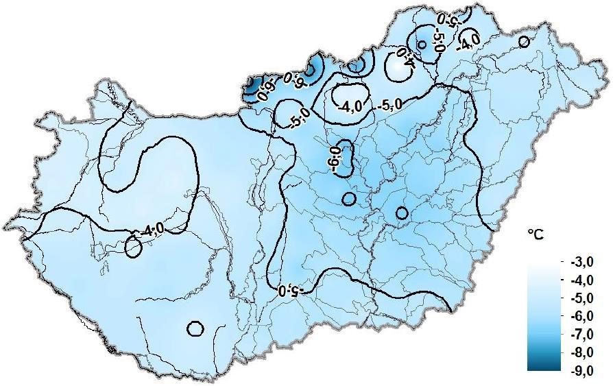 január havi középhőmérséklet átlagtól (1971-2) való eltérésének területi eloszlása 14 13