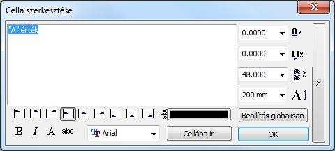 A cellába kattintva a Cella szerkesztése párbeszédablak jelenik meg. A párbeszédablak a kijelölt cellába írt szöveg szerkesztésére és formázására szolgál.