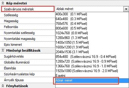 13 Fotórealisztikus megjelenítés és DirectX 1291 13.1.3. A fotórealisztikus megjelenítéssel kapcsolatos beállítások 13.1.3.1. Kép méretei Szabványos méretek Szélesség Magasság Felbontás Választhat a listában található szabványos képméretek közül.