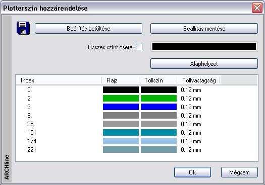 kiválasztható lesz a Szín Toll gomb. Itt színeket cserélhet és különböző kinyomtatandó vonalvastagságokat tud a színekhez hozzárendelni.