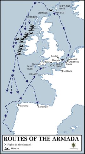 1. Természeti jelenségek, szélsıséges események nemzetközi következményei (b) Háborúk és természeti hatások: a spanyol Armada veresége Spanyol Armada, 1588. május-június 1588. május 28.