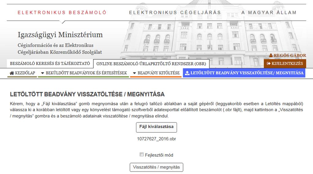 OBR- fájlt feltöltése Az Evolut programmal készített OBR fájl az e- Beszámolóba az alábbi képen látható helyen tölthető fel, a fent már ismertetett OBR- fájl elérési útvonal könyvtárából való