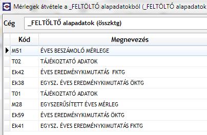 Az átvenni kívánt mérlegtípus kiválasztása Ez a funkció rányit a _Feltöltő alapadatok OBR- azonosítókkal bővített új mérlegeire, és