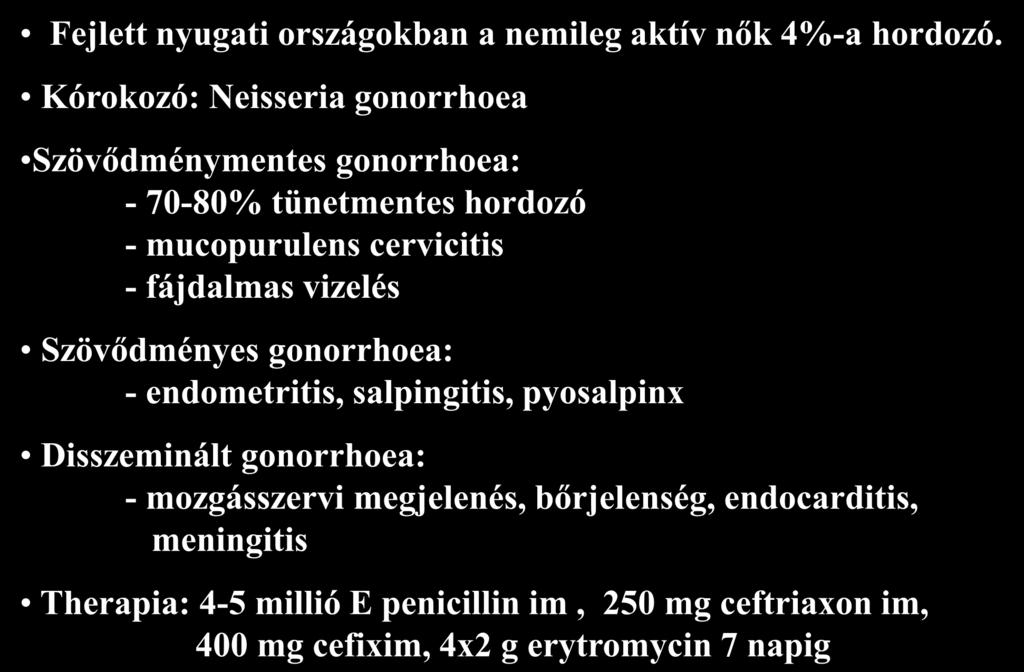 Gonorrhoea Fejlett nyugati országokban a nemileg aktív nők 4%-a hordozó.