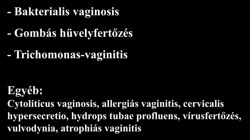 Hüvelygyulladások - Bakterialis vaginosis - Gombás hüvelyfertőzés - Trichomonas-vaginitis Egyéb: Cytoliticus