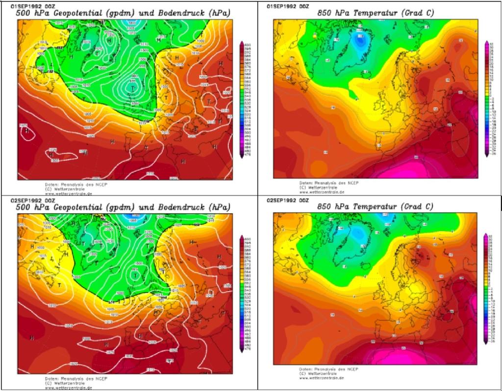Gyakorlati feladatok 15.5. ábra: Az időjárási kép 1992. szeptember 1. 00 UTC (fent) és szeptember 2. 00 UTC (lent) időpontokban.