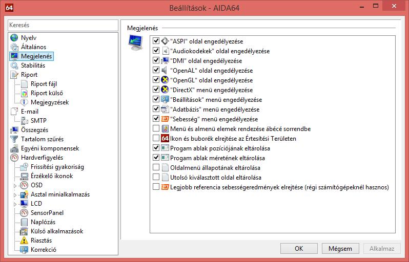 Beállítások MEGJELENÉS Az itt elérhető opciókkal az AIDA64 felhasználói felülete és megjelenése konfigurálható. ASPI oldal engedélyezése A Háttértár / ASPI oldal megjelenését engedélyezhetjük itt.