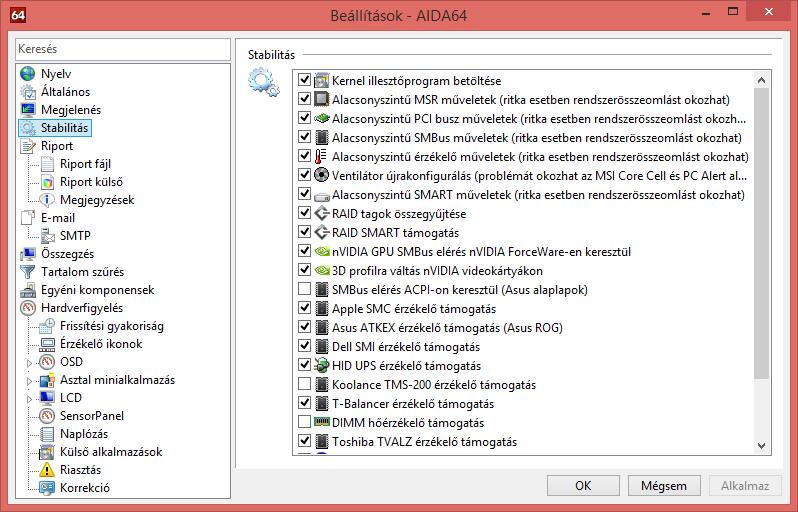 Beállítások STABILITÁS Ezen az oldalon az AIDA64 alacsony szintű hardverdetektáló moduljait kapcsolhatjuk ki és be. Ezek kikapcsolásával a legtöbb stabilitási probléma kiküszöbölhető.