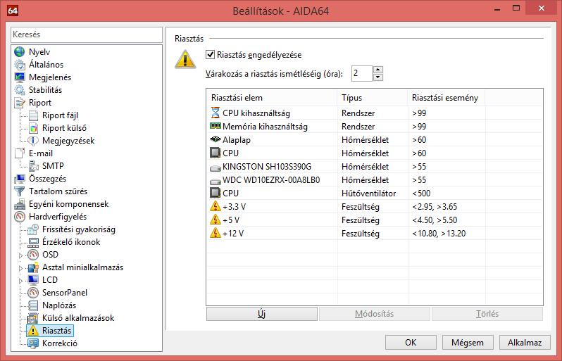 Beállítások 2.10.9 RIASZTÁS Az AIDA64 számos eseményről tud riasztást küldeni a felhasználónak, ezt a funkciót konfigurálhatjuk ezen az oldalon.