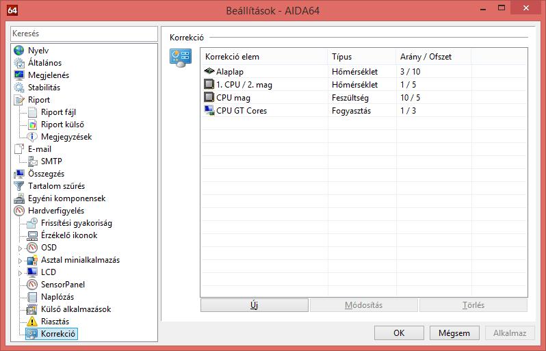 Beállítások 2.10.10 KORREKCIÓ Itt korrigálhatjuk a hardverfigyelő modul által kijelzett érzékelőadatokat.