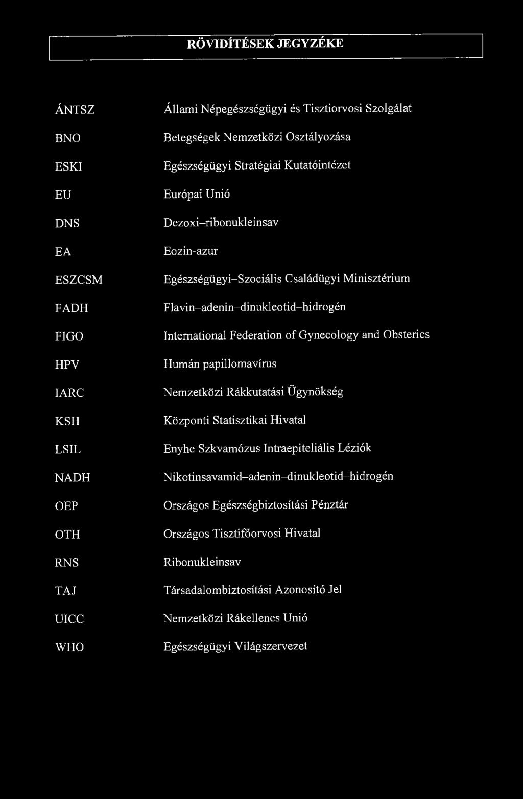 RÖVIDÍTÉSEK JEGYZÉKE ÁNTSZ BNO ESKI EU DNS EA ESZCSM FADH FIGO HPV IARC KSH LSIL NADH OEP OTH RNS TAJ UICC WHO Állami Népegészségügyi és Tisztiorvosi Szolgálat Betegségek Nemzetközi Osztályozása