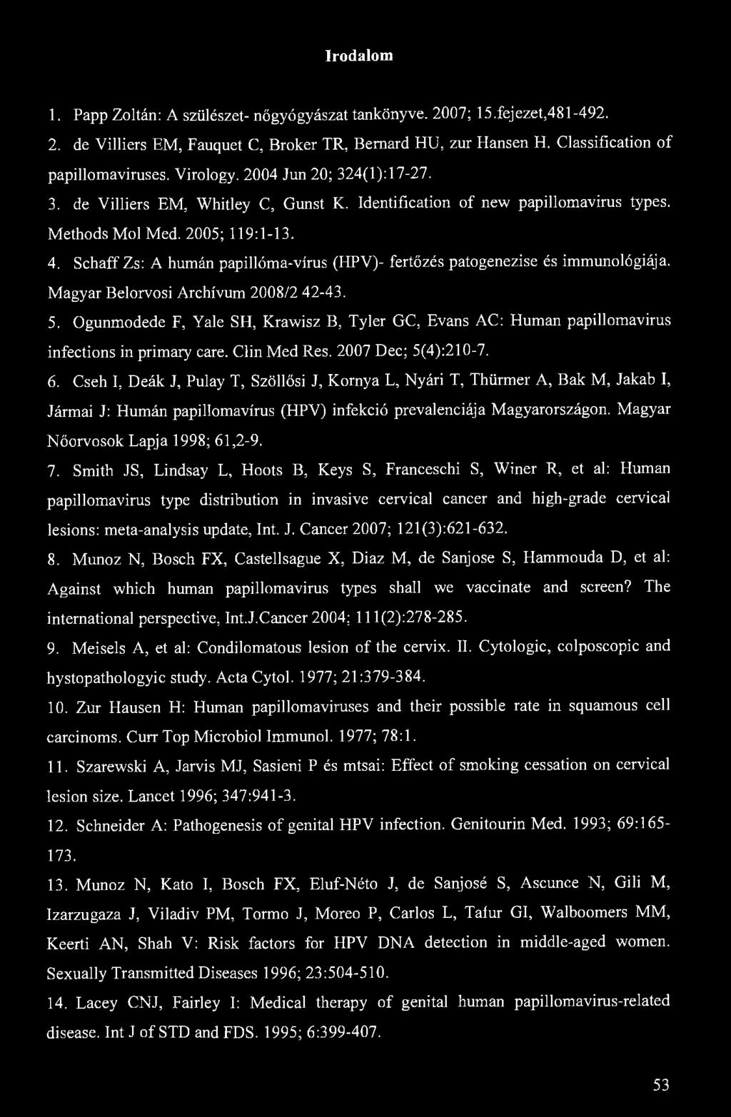 Irodalom 1. Papp Zoltán: A szülészet- nőgyógyászat tankönyve. 2007; 15.fejezet,481-492. 2. de Villiers EM, Fauquet C, Broker TR, Bemard HU, zur Hansen H. Classification of papillomaviruses. Virology.