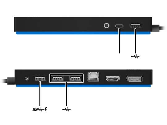 USB-eszközök csatlakoztatása A dokkolóegység öt USB-porttal rendelkezik: egy USB 3.0- és két USB 2.0-port található a hátsó panelen, valamint egy USB Type-C és egy USB 2.0-port az elülső panelen.