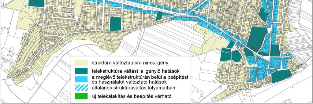 A lakóterület mintegy 3/4-e kertvárosias, nagyjából 1-1 tizede falusias, illetve kisvárosias és 3 kis lakótelepe nagyvárosias.