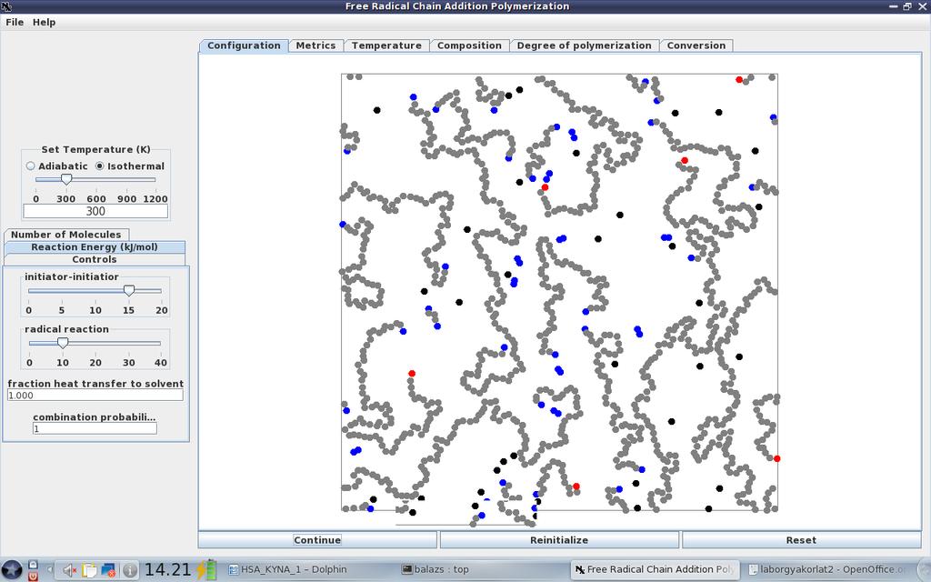 A szabad gyökös láncpolimerizációt modellező program.: Bal oldalon felül az adiabatikus és az izoterm modellek között lehet váltani.
